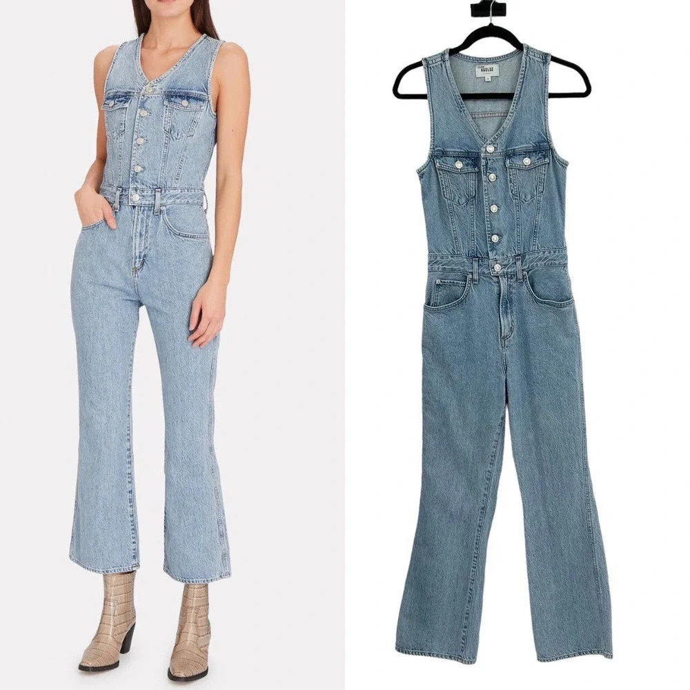 Agolde 70s Trucker Jumpsuit Sleeveless Straight Leg Button Denim Blue‎ Size 2
